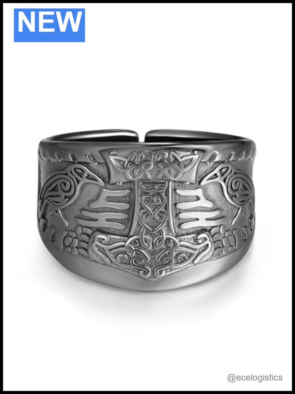 925 Sterling Silver Adjustable Viking Ring Norse Runic Men's Jewelry